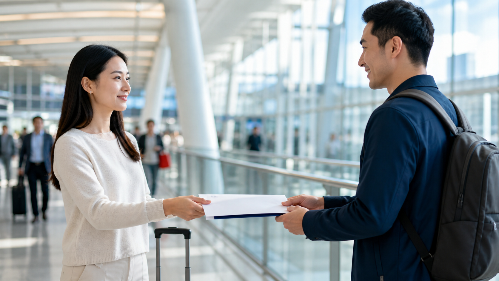 A traveler receives a document envelope during a safe handoff